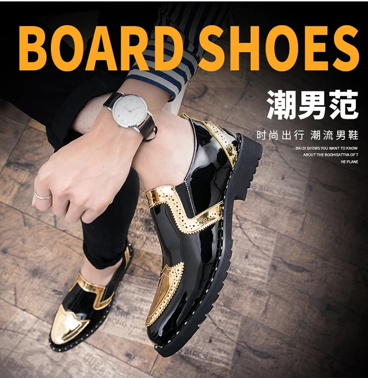 38-48/6.5-14 Golden Upper Patent Leather Dress Shoes Oxford Fashion  Slip on Men Loafers Shoes