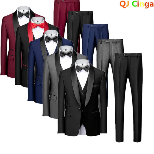 Black Men's Suit 3 Pieces, Business Wedding Terno Masculino, Fashion Slim Fit Costume Homme, Blue Red Gray, Asian Size M-4XL 5XL