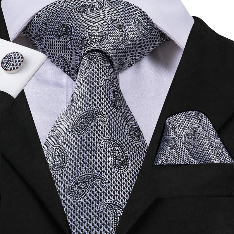 New 2025 Clasic Grey Tie for Men Silk Fabric Jacquard Woven Tie Hanky Cufflinks Set for Men Designer Fashion Silk Ties SN-1466
