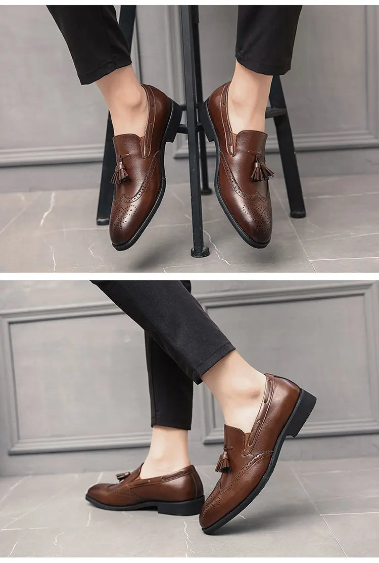 Men Fringe Loafers 38-48 Slip On Casual Spring Autumn Black Brogues moccasins Walking Shoes Genuine Leather Fashion Boys Flats