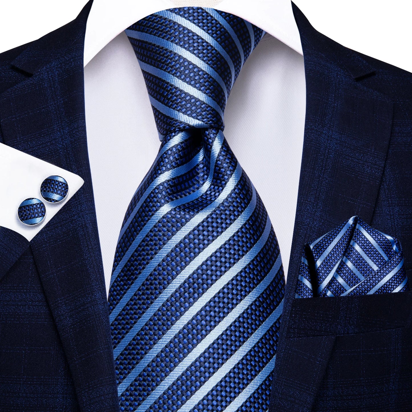 Brand New 2025 Hi-Tie Light Blue Striped Novelty Silk Wedding Tie For Men Handky Cufflinks Nicktie Set Fashion Design Business Party