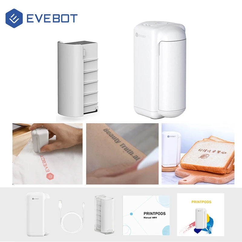 EVEBOT Printpods Handheld Mini Printer Small Portable Creative Smart Inkjet  Machine Card Label Bread Coffee Clothes Logo