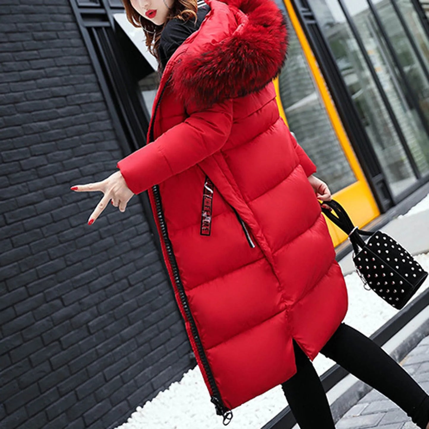 New 2024-2025 Women Autumn Winter Jacket Big Hair Collar Slim Waist Long Down Cotton Jacket Vintage Warm Coat Female Oversized long Parkas