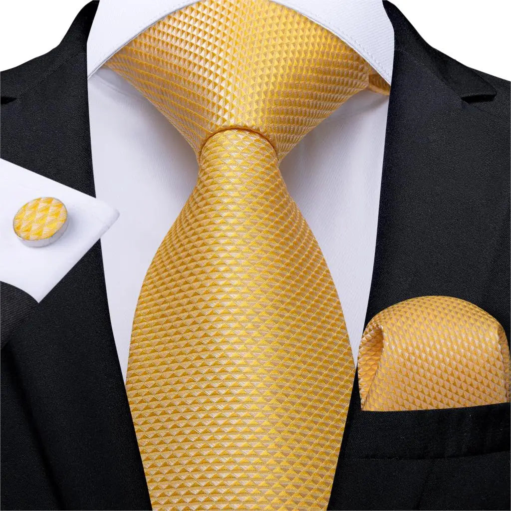 Brand New 2025 Mens Tie 100% Silk Classic Jacquard Woven 8cm Gold Yellow Formal Business Wedding Neck Tie Pocket Square Set Suit Cravat