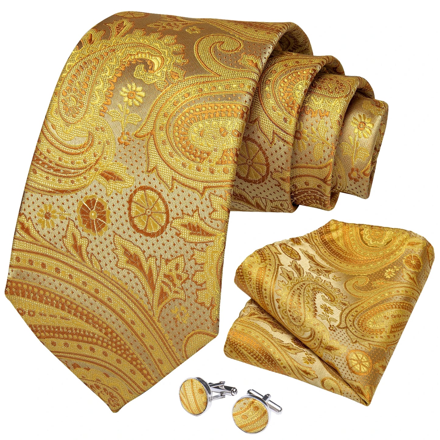 Brand New 2025 Mens Tie 100% Silk Classic Jacquard Woven 8cm Gold Yellow Formal Business Wedding Neck Tie Pocket Square Set Suit Cravat