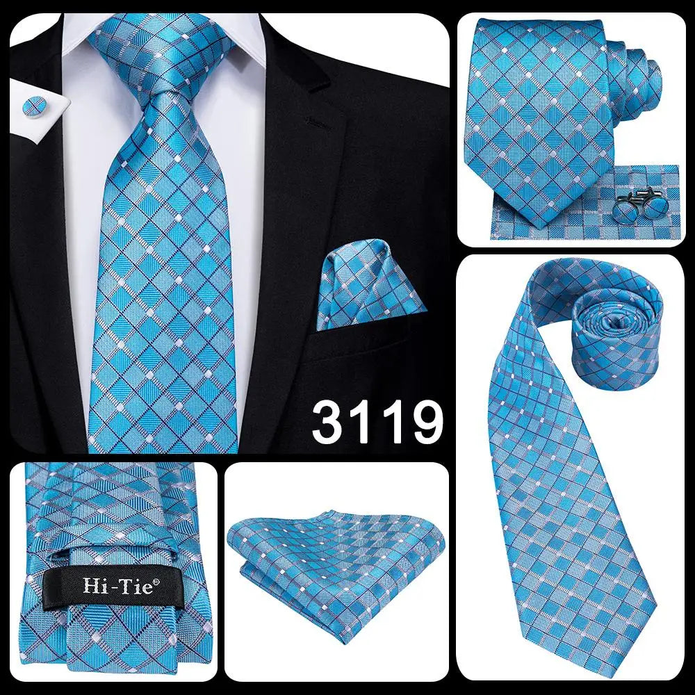 Brand New 2025 Hi-Tie Light Blue Striped Novelty Silk Wedding Tie For Men Handky Cufflinks Nicktie Set Fashion Design Business Party