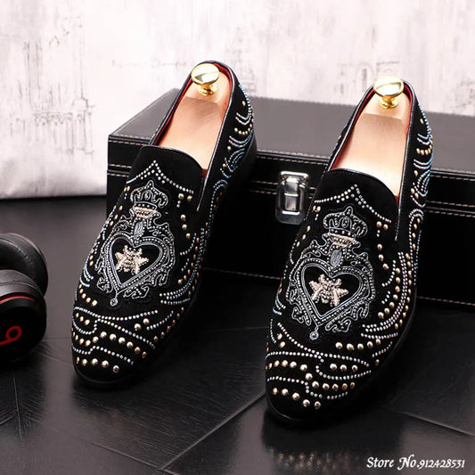 TINTINOS 2024 New Fashion Men Pointed Rivet Embroidery Rhinestone Casual Oxford Shoes Wedding Groom Driving Homecoming Business Footwear