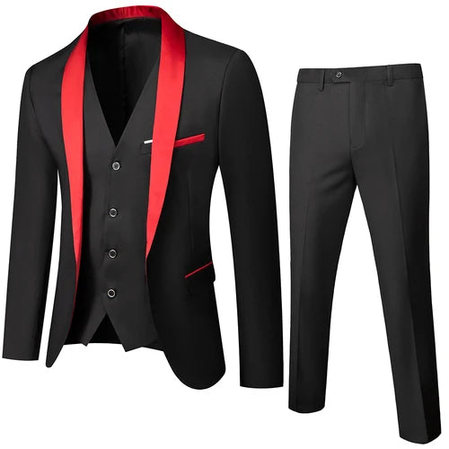 Black Men's Suit 3 Pieces, Business Wedding Terno Masculino, Fashion Slim Fit Costume Homme, Blue Red Gray, Asian Size M-4XL 5XL