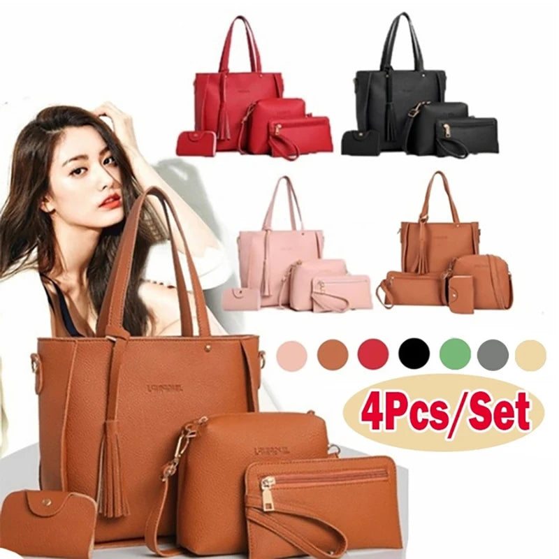 AMAZONY 2024 4pcs/set Handbag Messenger Bag Set Ladies Leather Bag Set Polyester Shoulder Bag 9 Colors
