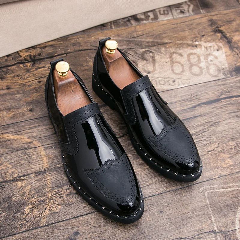 38-48/6.5-14 Golden Upper Patent Leather Dress Shoes Oxford Fashion  Slip on Men Loafers Shoes