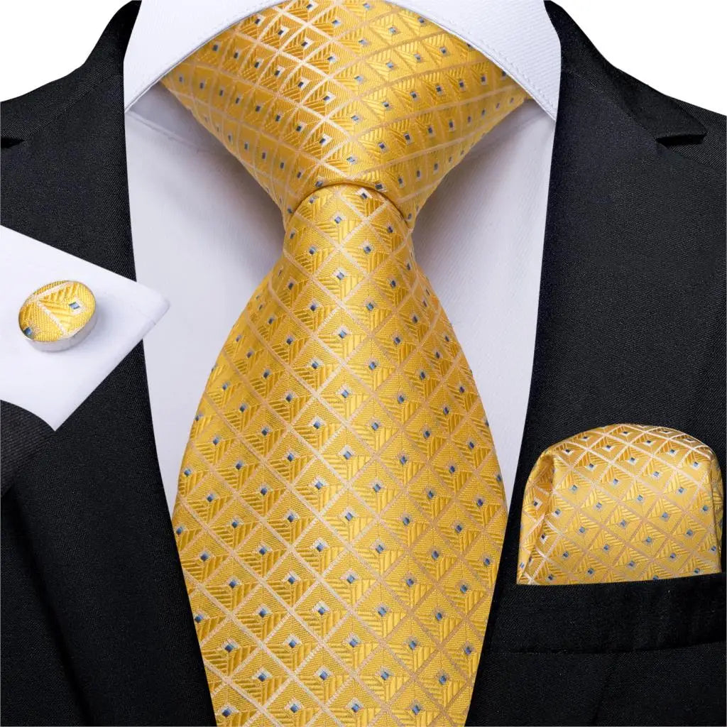 Brand New 2025 Mens Tie 100% Silk Classic Jacquard Woven 8cm Gold Yellow Formal Business Wedding Neck Tie Pocket Square Set Suit Cravat