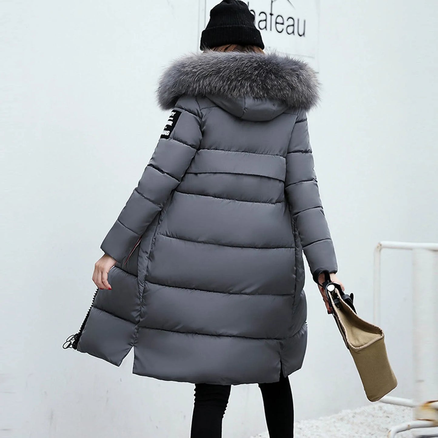 New 2024-2025 Women Autumn Winter Jacket Big Hair Collar Slim Waist Long Down Cotton Jacket Vintage Warm Coat Female Oversized long Parkas
