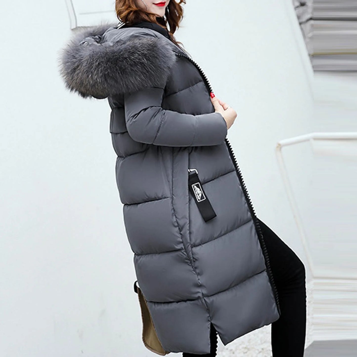 New 2024-2025 Women Autumn Winter Jacket Big Hair Collar Slim Waist Long Down Cotton Jacket Vintage Warm Coat Female Oversized long Parkas