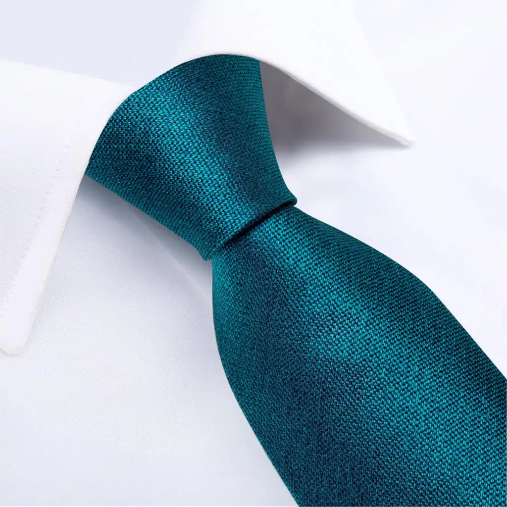 DiBanGu Mens Necktie Teal Green Blue Solid Design Silk Wedding Tie For Men Hanky Cufflinks Tie Set Fashion Bussiness Party