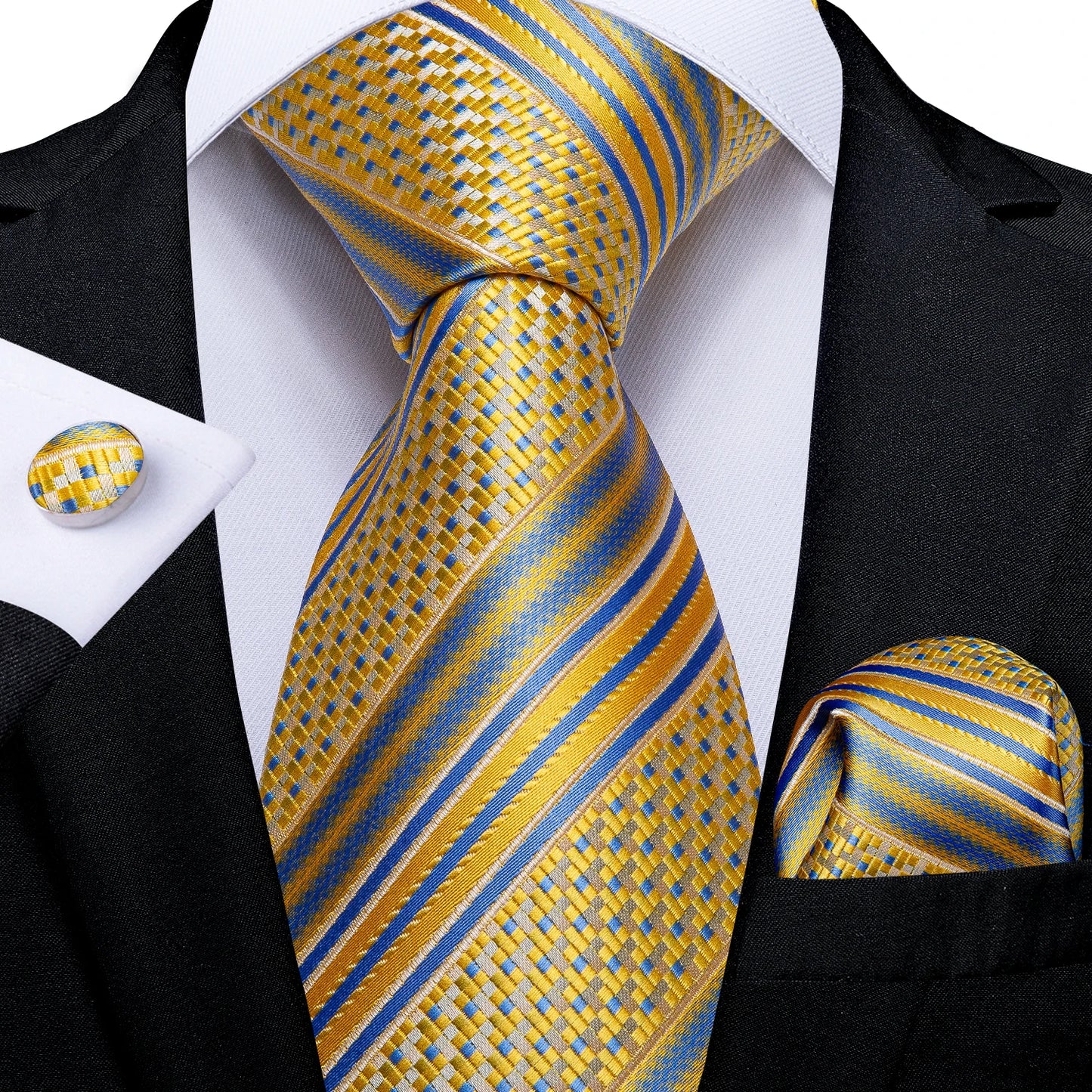 Brand New 2025 Mens Tie 100% Silk Classic Jacquard Woven 8cm Gold Yellow Formal Business Wedding Neck Tie Pocket Square Set Suit Cravat