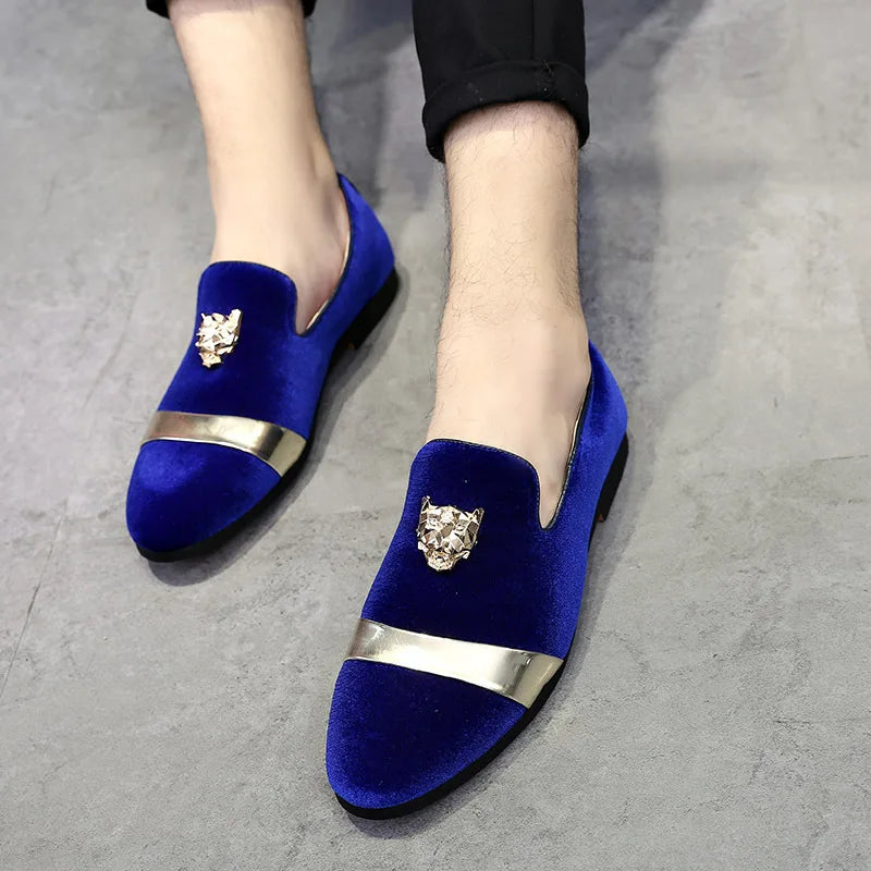 TINTINOS 2024 New Men Wedding Loafers Velvet Shoes Fashion Quality Tiger Gold metal Men Dress Shoes Men's Flats wholesale  ST359