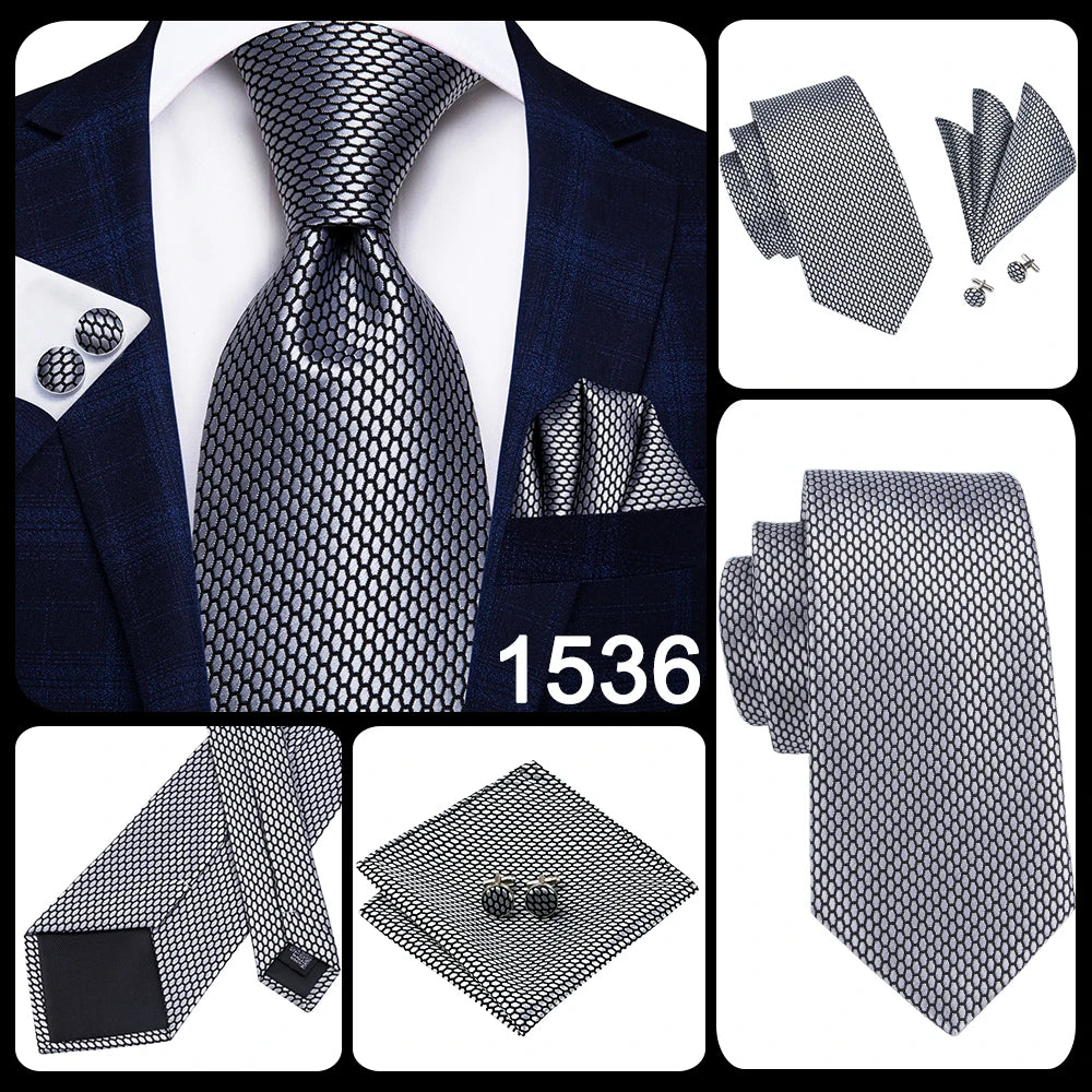 New 2025 Clasic Grey Tie for Men Silk Fabric Jacquard Woven Tie Hanky Cufflinks Set for Men Designer Fashion Silk Ties SN-1466