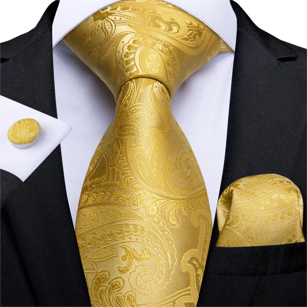 Brand New 2025 Mens Tie 100% Silk Classic Jacquard Woven 8cm Gold Yellow Formal Business Wedding Neck Tie Pocket Square Set Suit Cravat