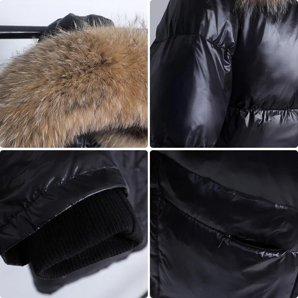 Amazony 2024- 2025  Women Winter Black Loose Long Down Jacket  Real Fox Fur Collar Hooded Fashion Waterproof Female Extra Large Coat