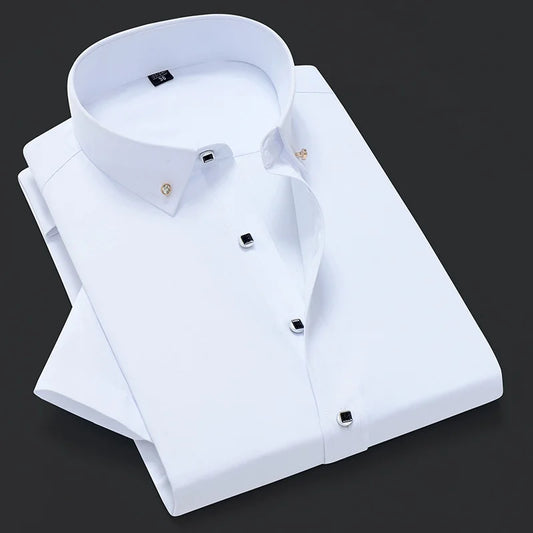 Quality Good Diamond Button Brand New 2024 - 2025  Formal Shirt Men Short Sleeve Shirt Turn Down Color Slim Fit Casual Shirt Camisa Masculina