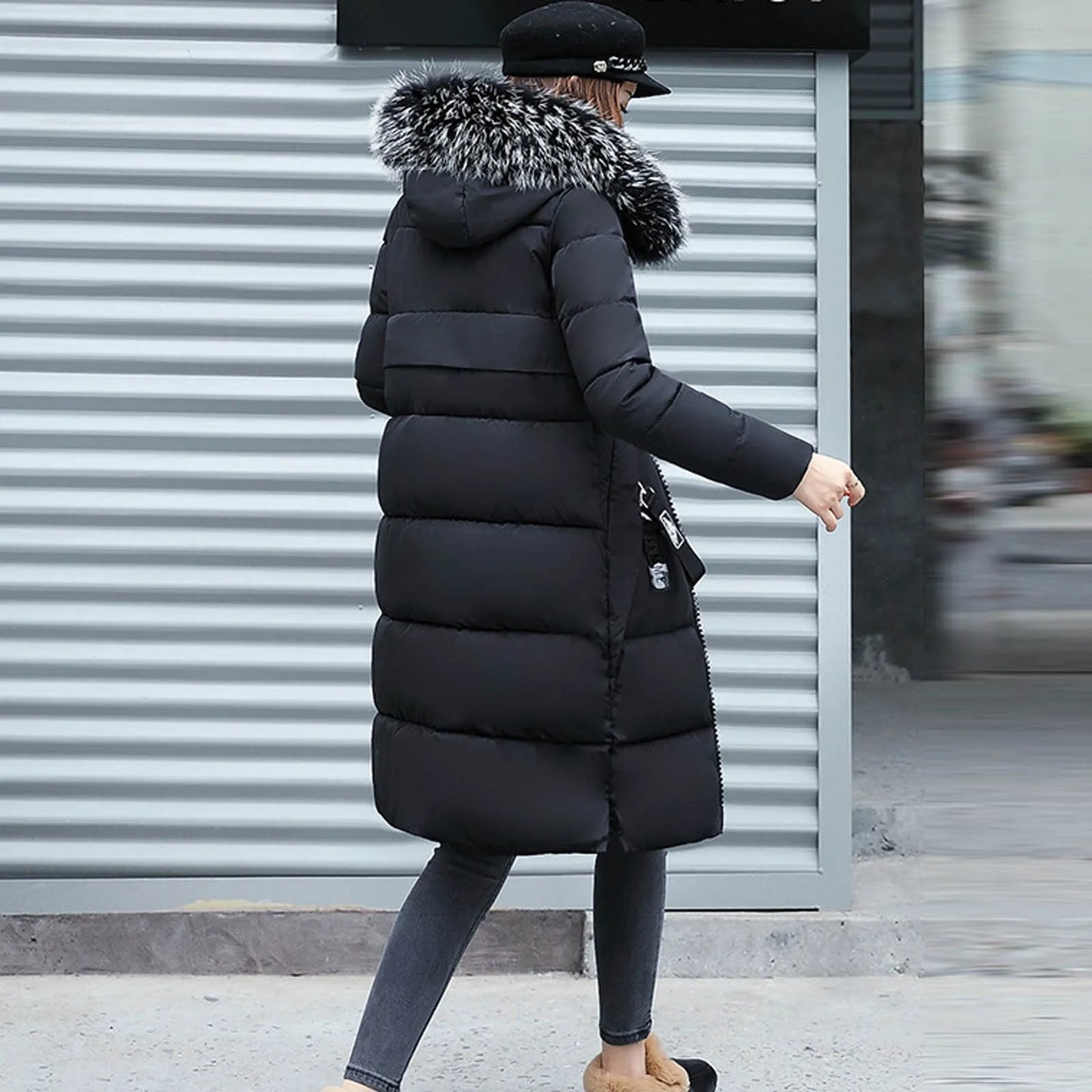 New 2024-2025 Women Autumn Winter Jacket Big Hair Collar Slim Waist Long Down Cotton Jacket Vintage Warm Coat Female Oversized long Parkas