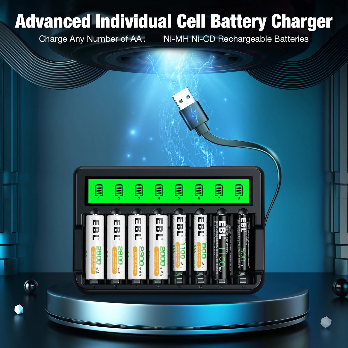 EBL 8 Bay LCD AA Battery Charger With Built-in Cable Battery Charger High-Speed Charging Independent Slot