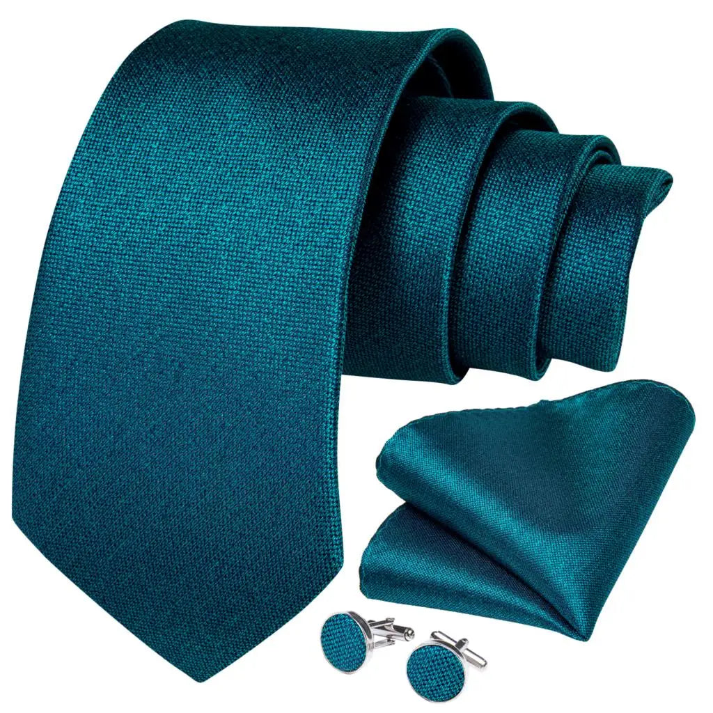 DiBanGu Mens Necktie Teal Green Blue Solid Design Silk Wedding Tie For Men Hanky Cufflinks Tie Set Fashion Bussiness Party