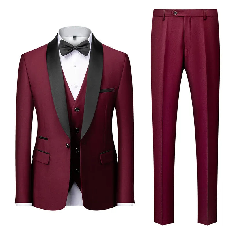 Black Men's Suit 3 Pieces, Business Wedding Terno Masculino, Fashion Slim Fit Costume Homme, Blue Red Gray, Asian Size M-4XL 5XL