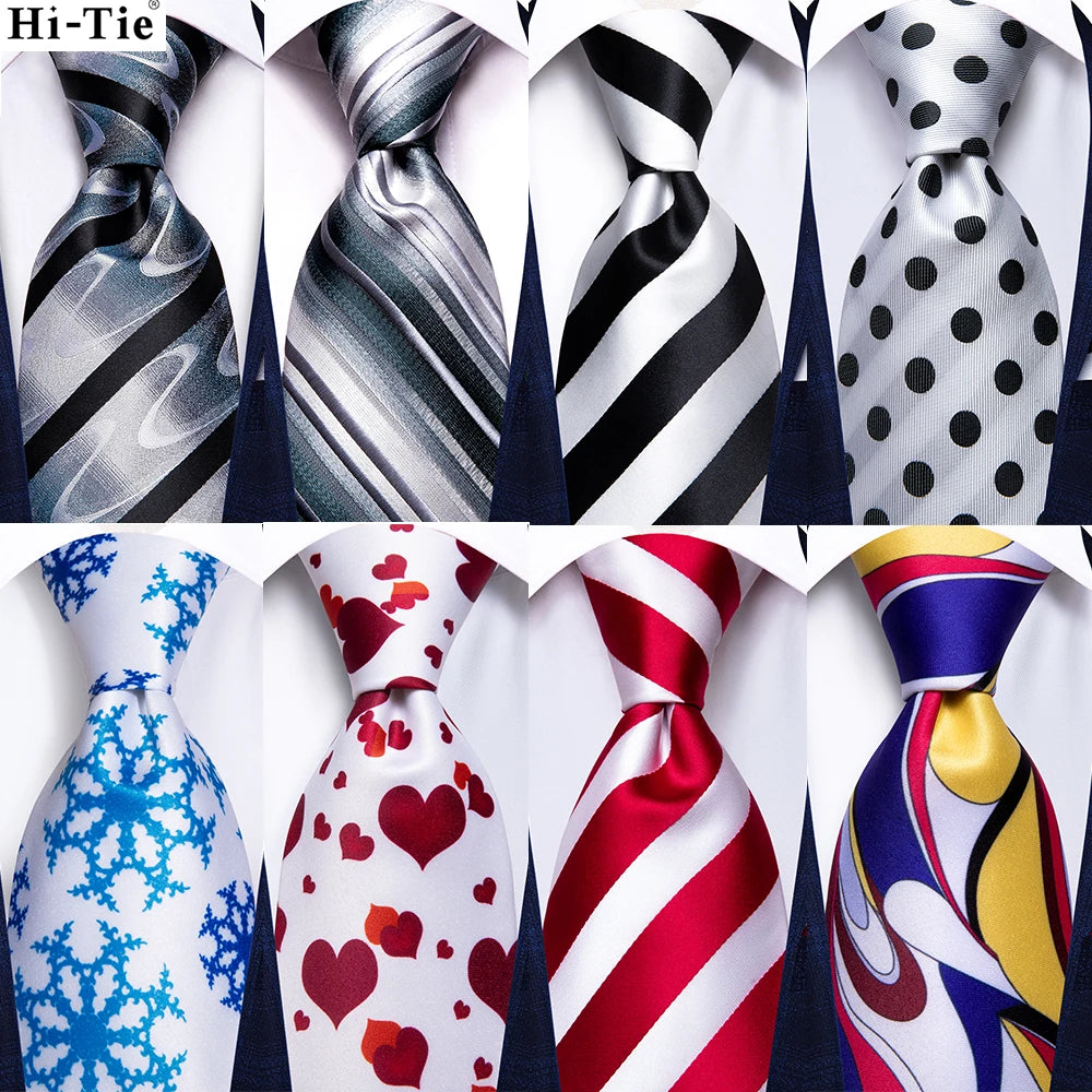 Hi-Tie White Black Red Striped Novelty Tie For Men Silk Wedding Tie Gravat Hanky Cufflink Fashion Design Business