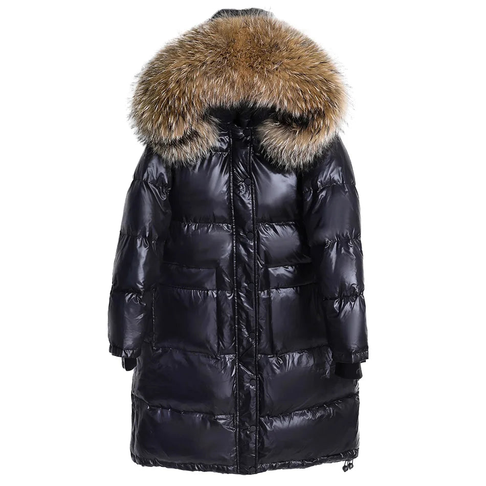 Amazony 2024- 2025  Women Winter Black Loose Long Down Jacket  Real Fox Fur Collar Hooded Fashion Waterproof Female Extra Large Coat