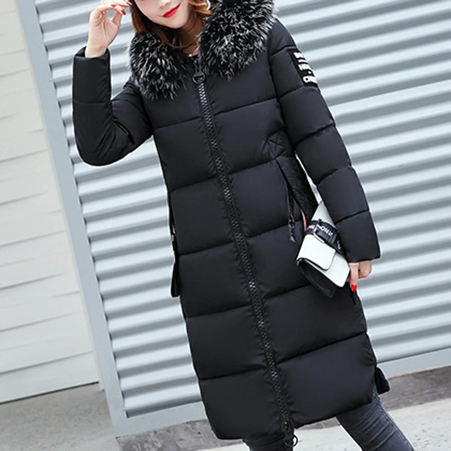 New 2024-2025 Women Autumn Winter Jacket Big Hair Collar Slim Waist Long Down Cotton Jacket Vintage Warm Coat Female Oversized long Parkas