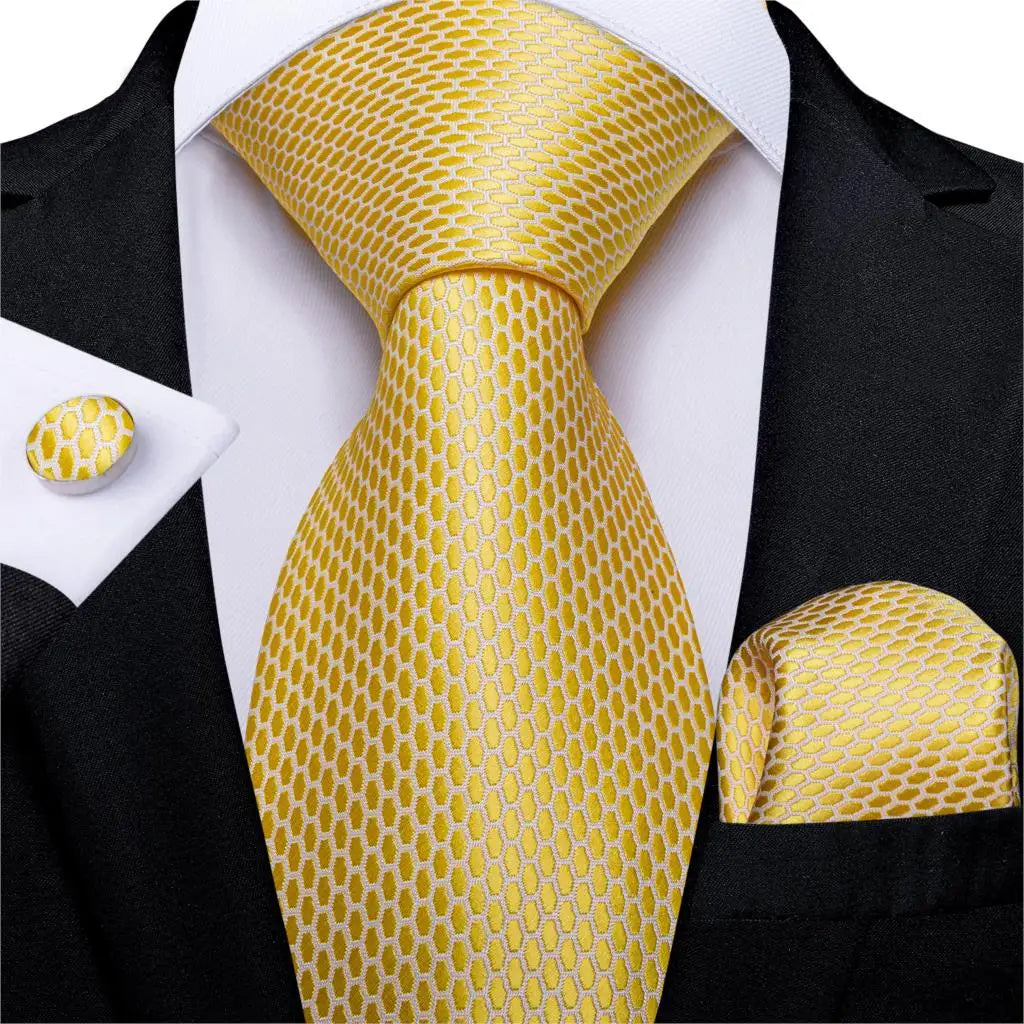 Brand New 2025 Mens Tie 100% Silk Classic Jacquard Woven 8cm Gold Yellow Formal Business Wedding Neck Tie Pocket Square Set Suit Cravat