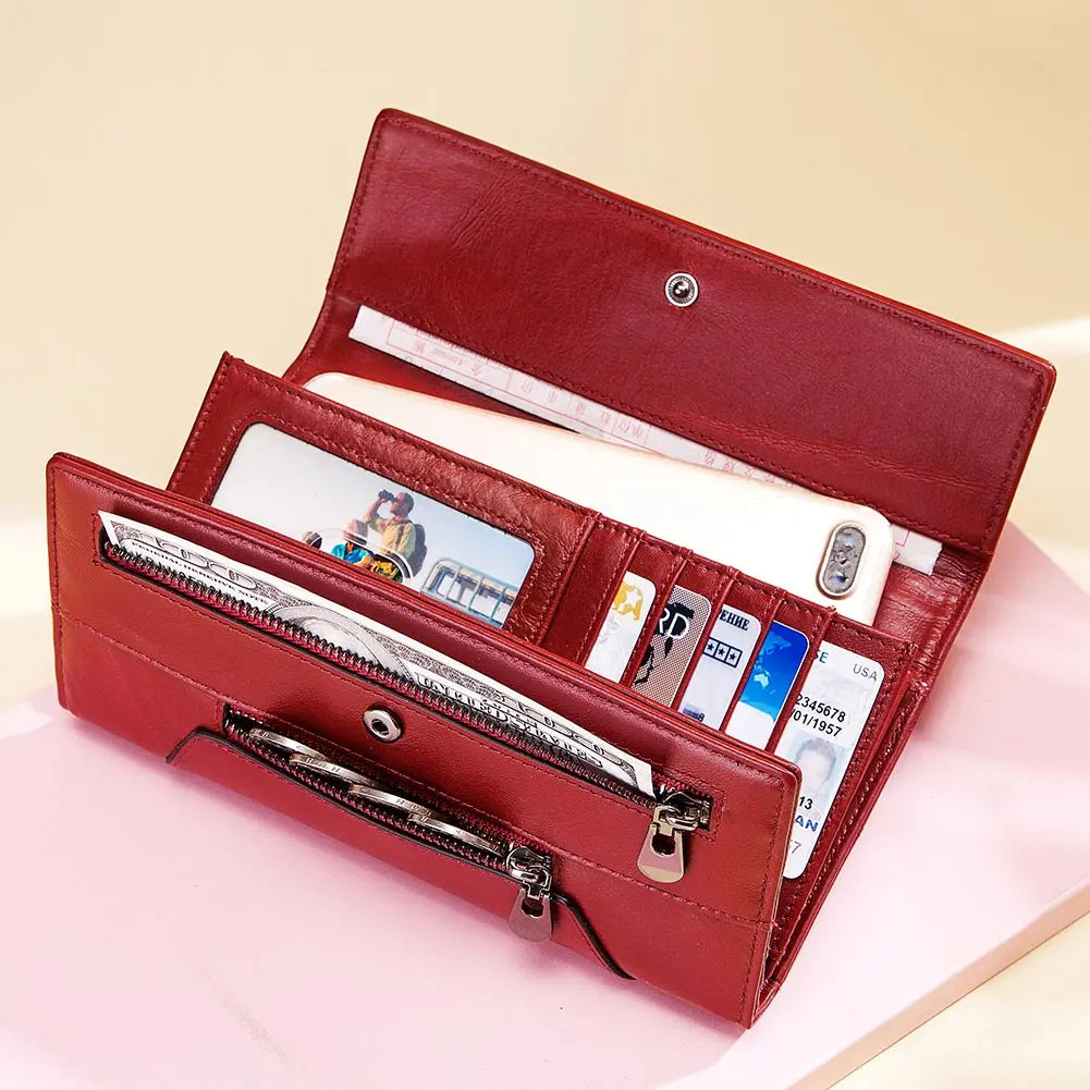 2024 HUMERPAUL Fashion Women Genuine Leather Wallet RFID Blocking Tri-fold Credit Card Holder Luxury Long Female Phone Clutches