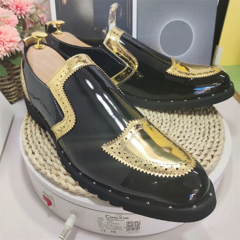 38-48/6.5-14 Golden Upper Patent Leather Dress Shoes Oxford Fashion  Slip on Men Loafers Shoes