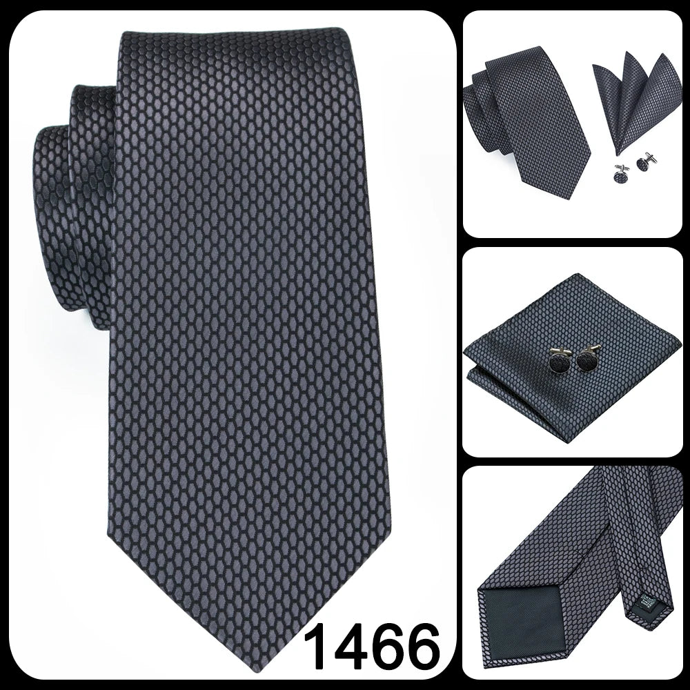 New 2025 Clasic Grey Tie for Men Silk Fabric Jacquard Woven Tie Hanky Cufflinks Set for Men Designer Fashion Silk Ties SN-1466