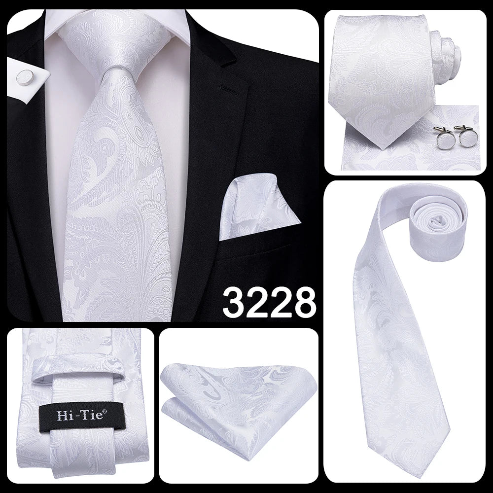 Hi-Tie White Black Red Striped Novelty Tie For Men Silk Wedding Tie Gravat Hanky Cufflink Fashion Design Business