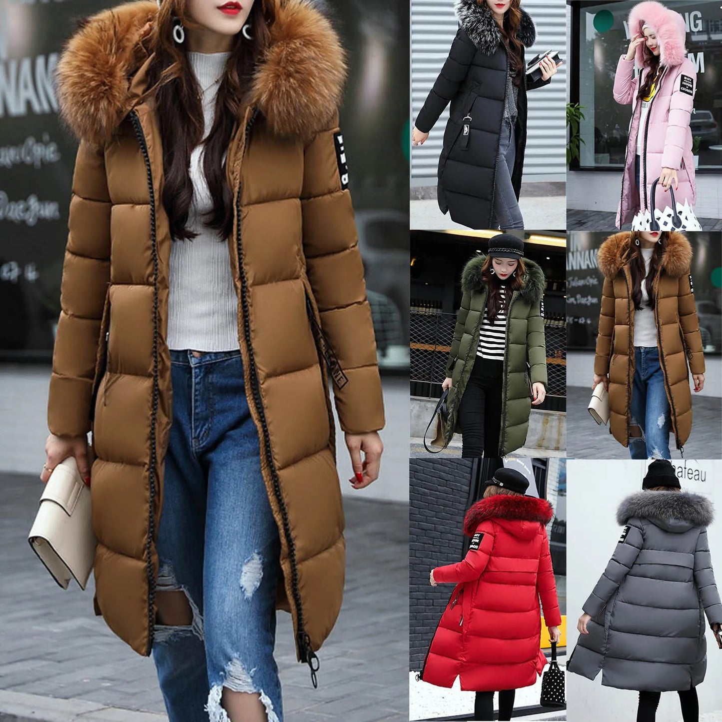 New 2024-2025 Women Autumn Winter Jacket Big Hair Collar Slim Waist Long Down Cotton Jacket Vintage Warm Coat Female Oversized long Parkas