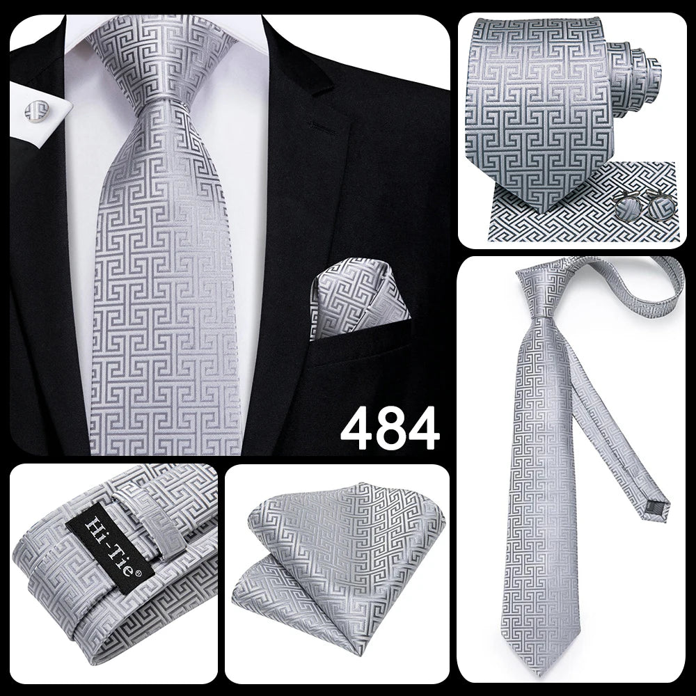 New 2025 Clasic Grey Tie for Men Silk Fabric Jacquard Woven Tie Hanky Cufflinks Set for Men Designer Fashion Silk Ties SN-1466