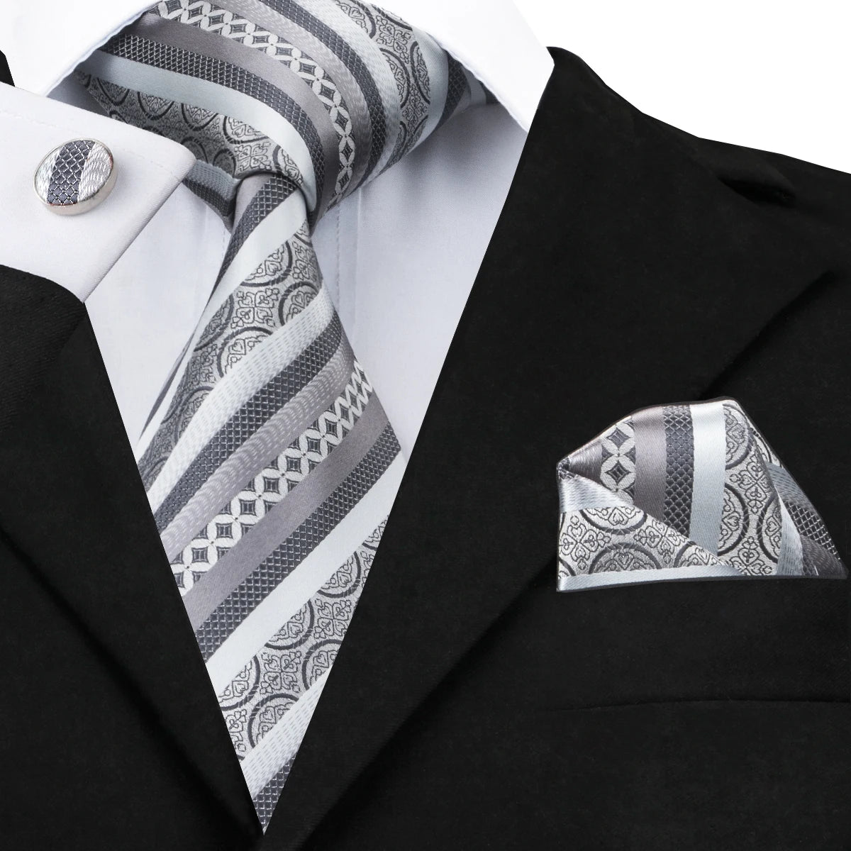 New 2025 Clasic Grey Tie for Men Silk Fabric Jacquard Woven Tie Hanky Cufflinks Set for Men Designer Fashion Silk Ties SN-1466