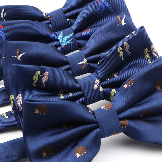 2025 New Men Bow Ties 100% Microfiber Jacquard Woven Blue Cartoon Animal Pattern Bowtie For Party Wedding Festival Family Gift