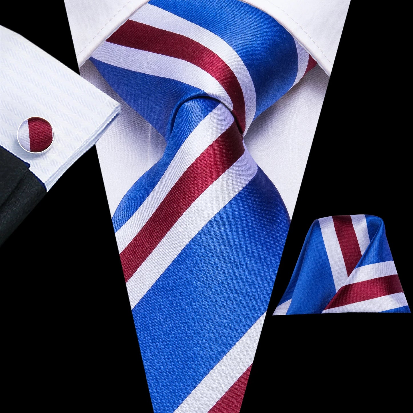 Brand New 2025 Hi-Tie Light Blue Striped Novelty Silk Wedding Tie For Men Handky Cufflinks Nicktie Set Fashion Design Business Party