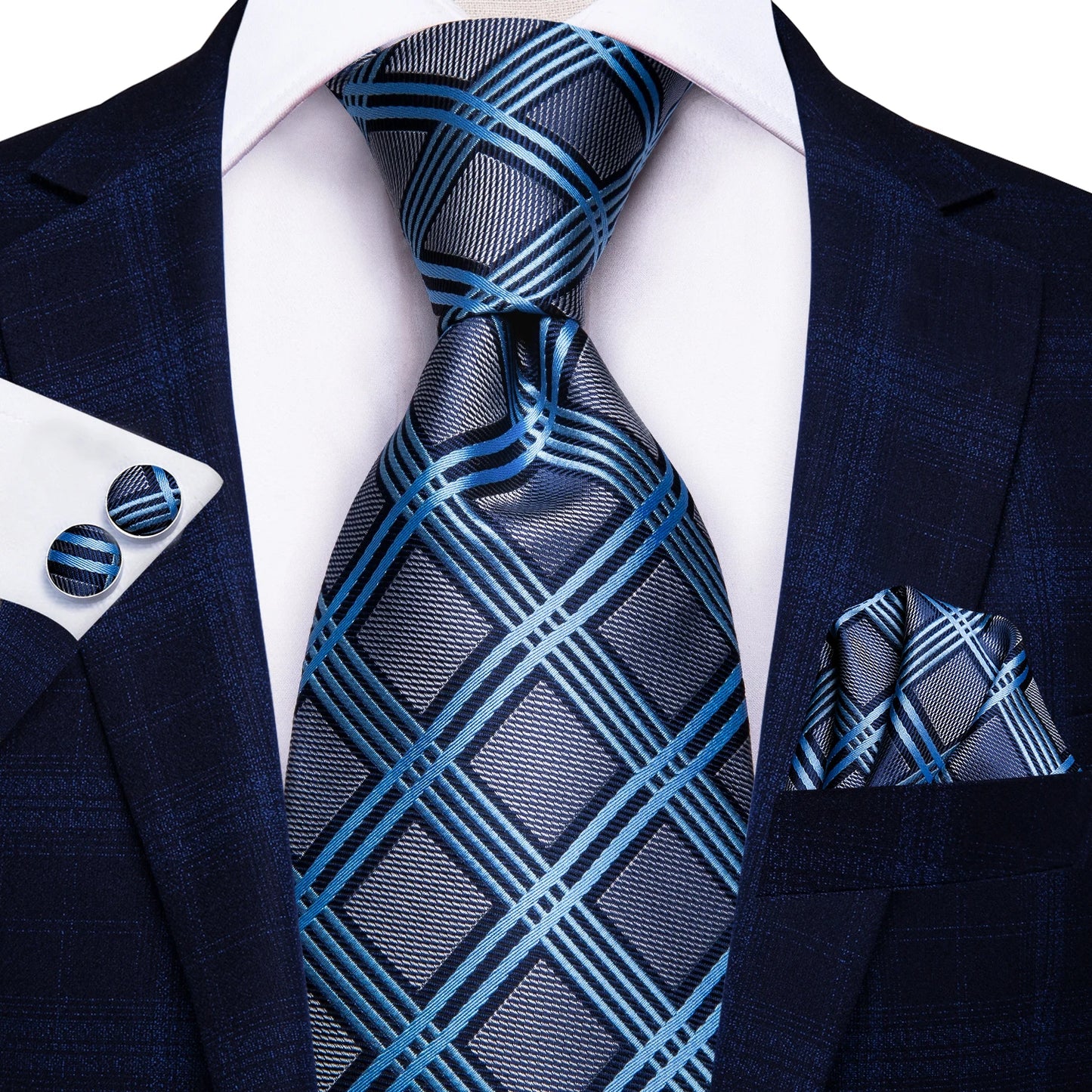 Brand New 2025 Hi-Tie Light Blue Striped Novelty Silk Wedding Tie For Men Handky Cufflinks Nicktie Set Fashion Design Business Party
