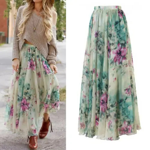 2024 Summer Skirt Todaies Womens Floral Jersey Gypsy Long Maxi Full Skirt Beach Sunmer Lady Floral Maxi Full Skirt Summer Chiffon