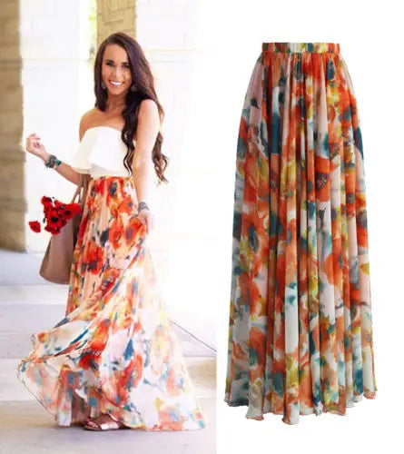 2024 Summer Skirt Todaies Womens Floral Jersey Gypsy Long Maxi Full Skirt Beach Sunmer Lady Floral Maxi Full Skirt Summer Chiffon