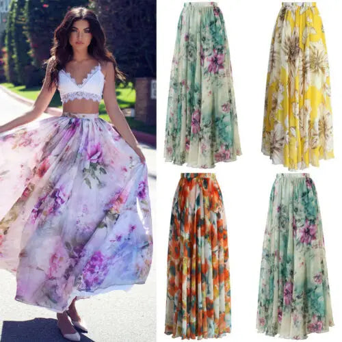 2024 Summer Skirt Todaies Womens Floral Jersey Gypsy Long Maxi Full Skirt Beach Sunmer Lady Floral Maxi Full Skirt Summer Chiffon