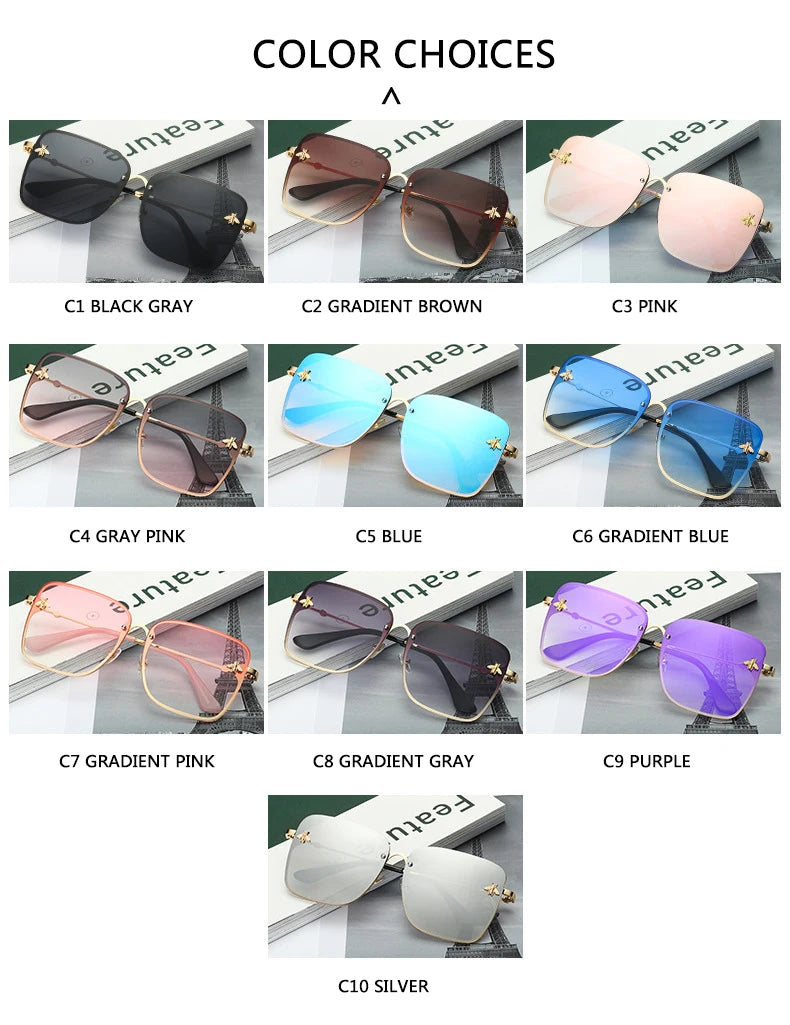 Summer New Fashion Lady Oversize Rimless Square Bee Sunglasses Women Men Small Glasses Gradient Sun Glasses Female UV400
