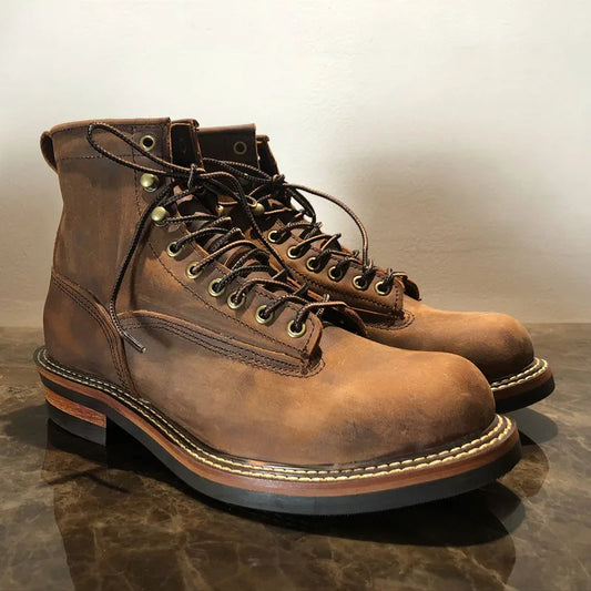 TINTINOS Handmade Vintage Lace-Up New Genuine Leather Platform Men Ring Black Red Ankle Boots Dress Work Casual Motorcycle Boots