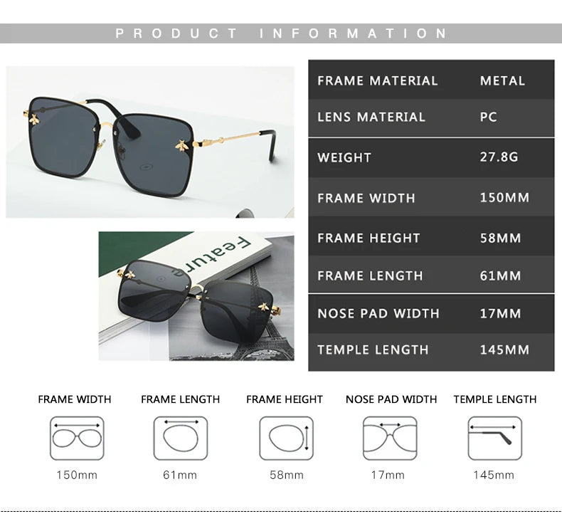 Summer New Fashion Lady Oversize Rimless Square Bee Sunglasses Women Men Small Glasses Gradient Sun Glasses Female UV400