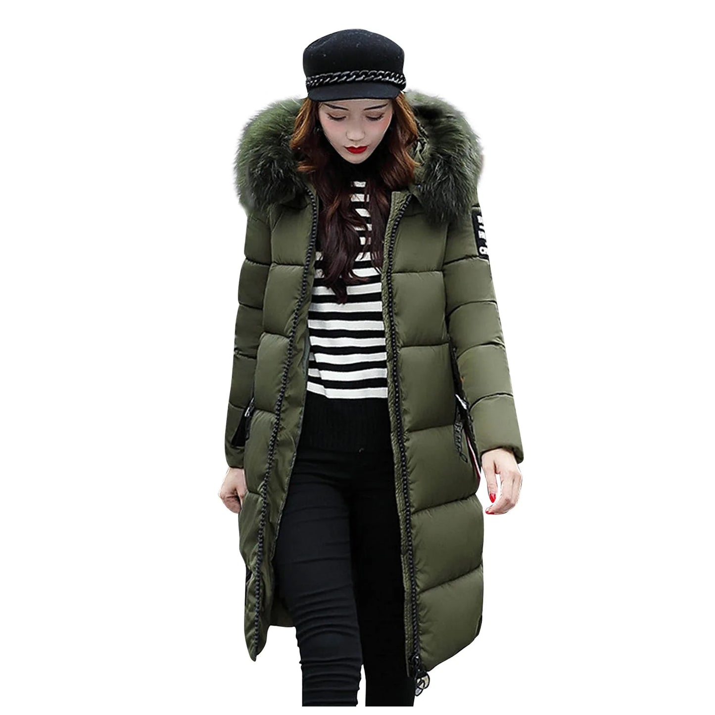 New 2024-2025 Women Autumn Winter Jacket Big Hair Collar Slim Waist Long Down Cotton Jacket Vintage Warm Coat Female Oversized long Parkas