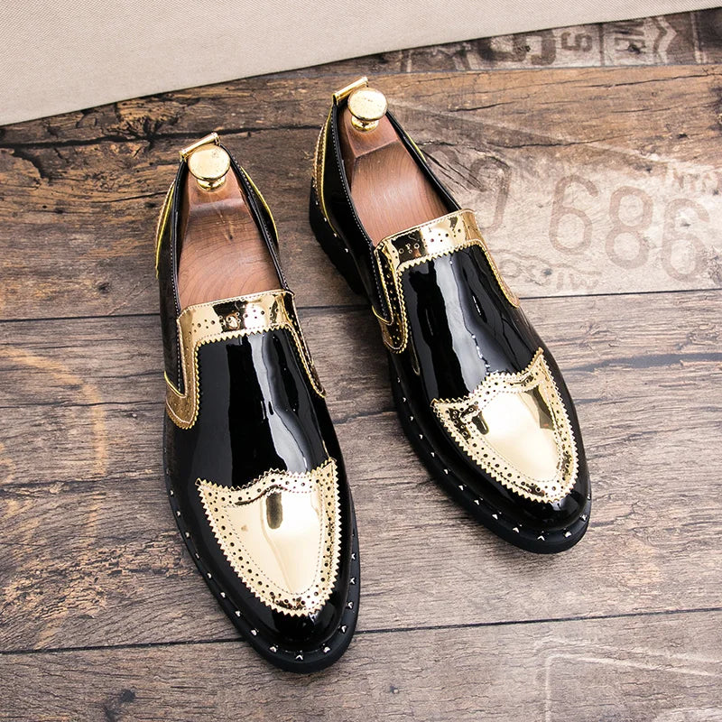 38-48/6.5-14 Golden Upper Patent Leather Dress Shoes Oxford Fashion  Slip on Men Loafers Shoes